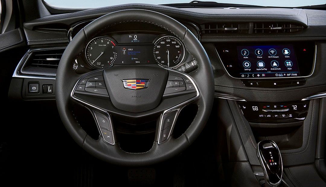 view of the steering wheel and touchscreen inside of the 2022 Cadillac XT5