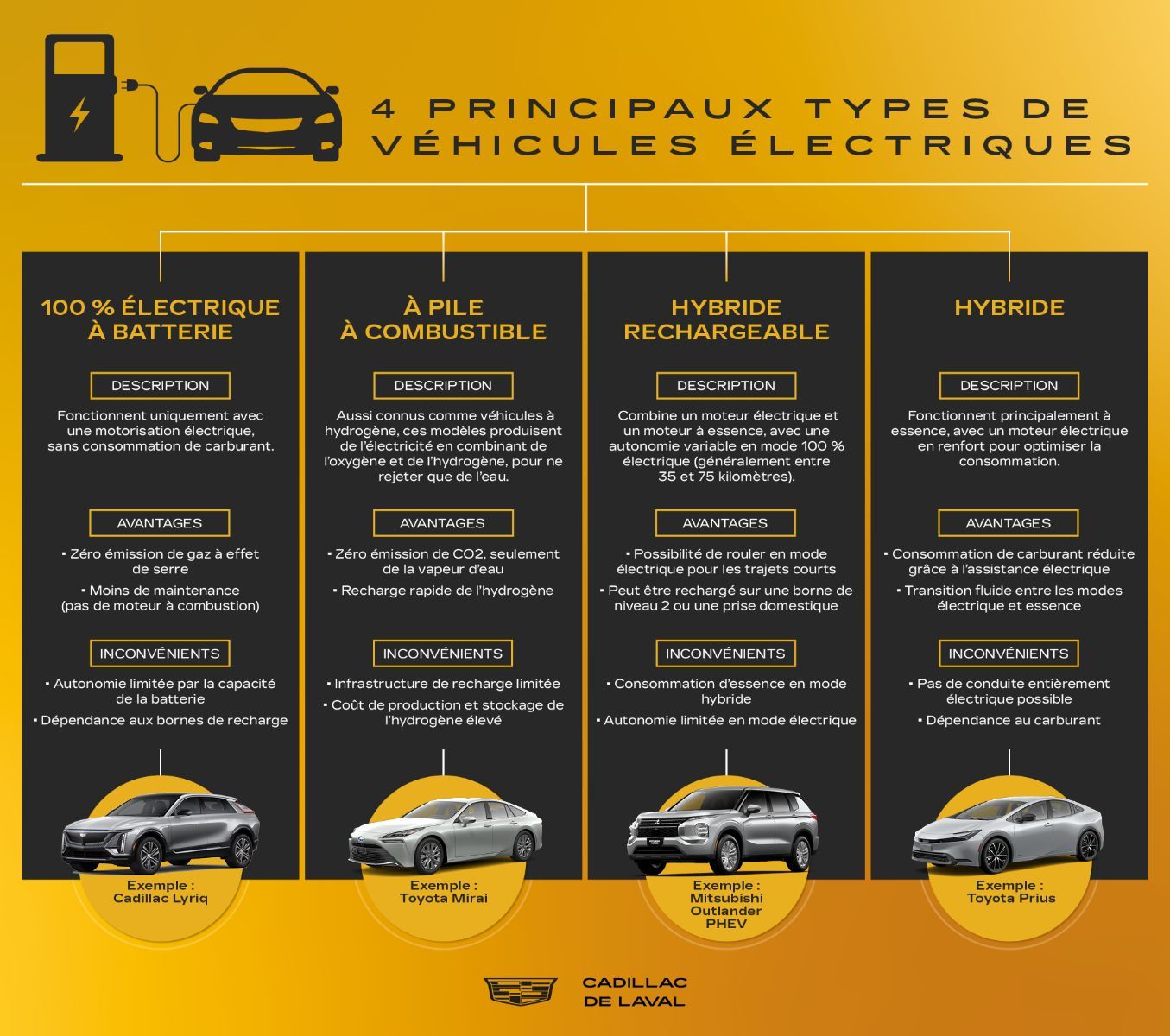 Infographie sur les 4 types véhicules électriques.