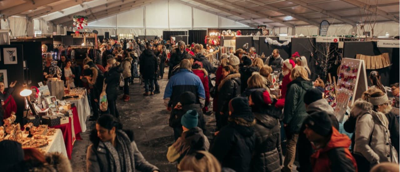 crowd of shoppers at marché de noel in Laval