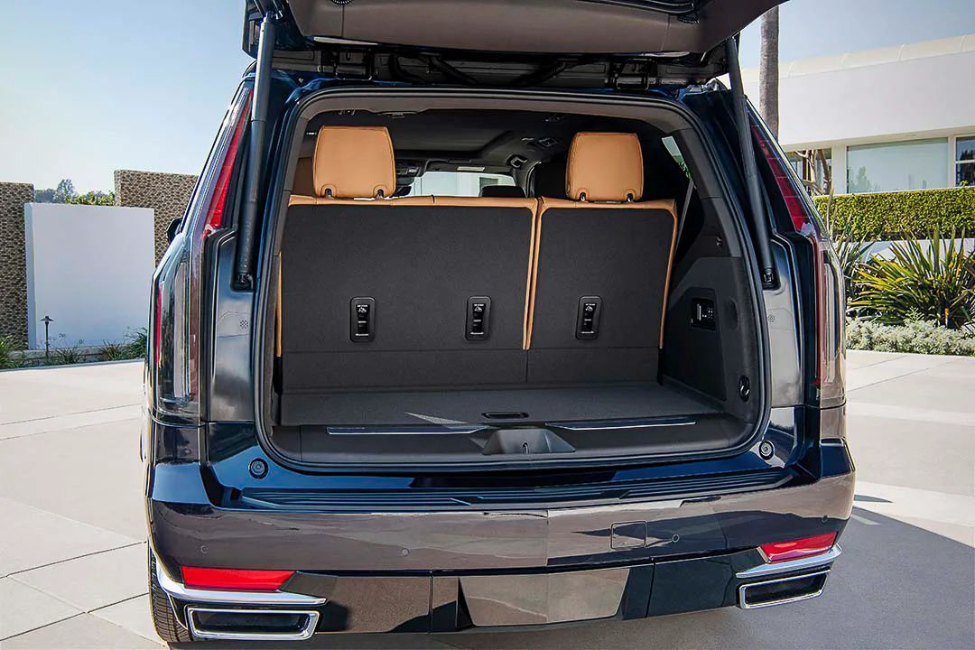 rear view of the 2022 Cadillac Escalade with the trunk door open