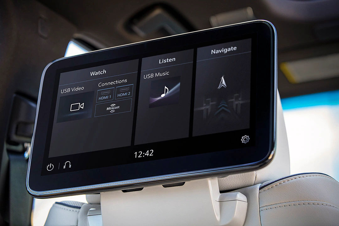 view of one of the second row seats entertainement screen inside of the 2022 Cadillac Escalade