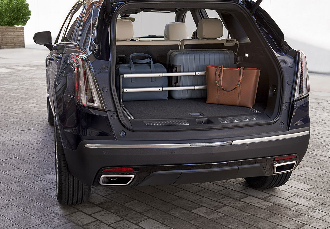 rear view of the 2022 Cadillac XT5 with the trunk open