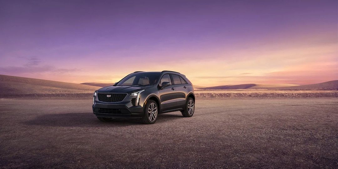 Front 3/4 view of the 2023 Cadillac XT4 on desert land.