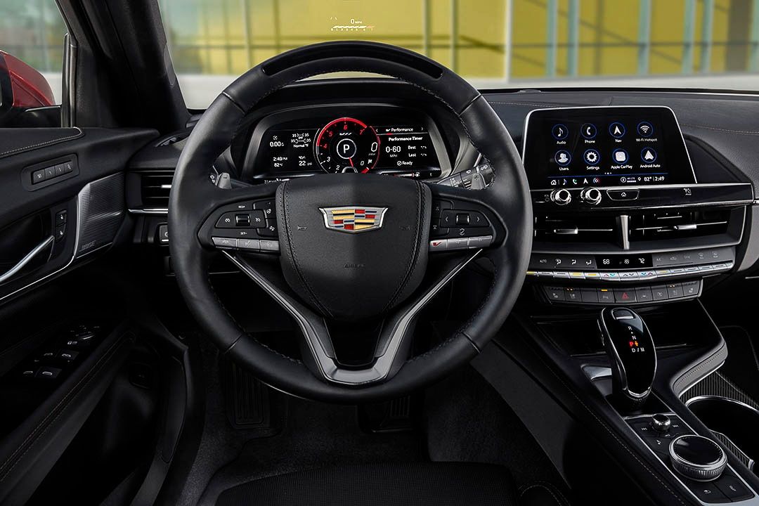 perspective view from the driver's seat inside of the 2021 Cadillac CT4-V