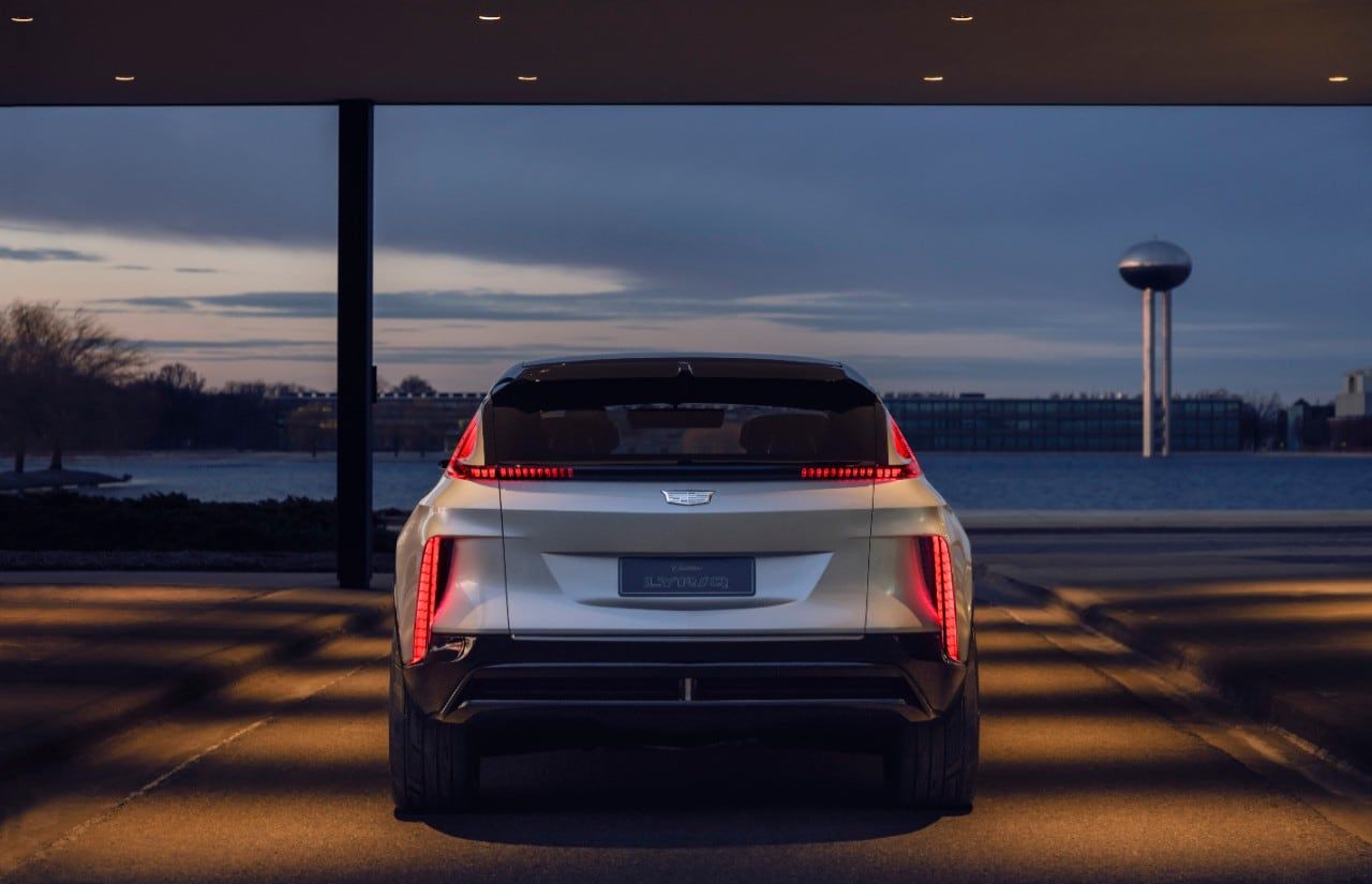 the rear of the 2021 Cadillac Lyriq, inside, facing a large window showing outside