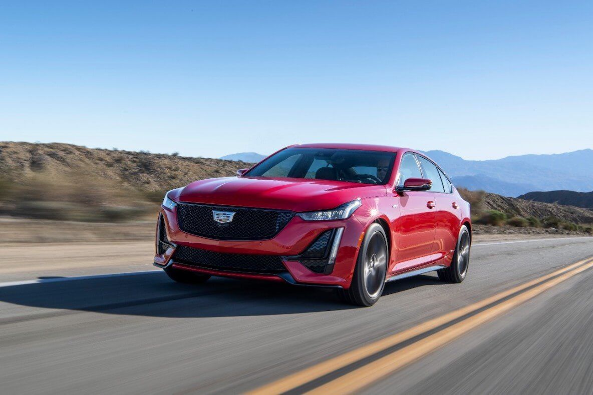 The red 2020 Cadillac CT5-V on a desert highway