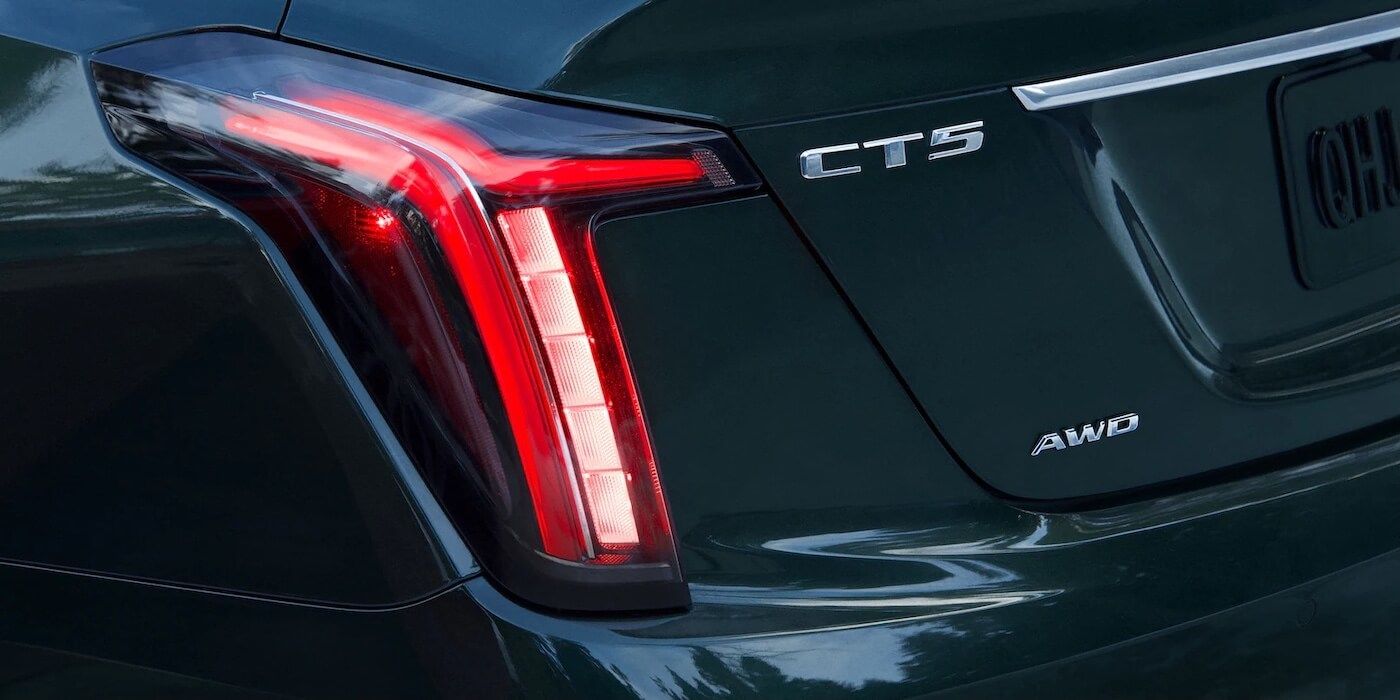 close up rear view of the taillight and badge of the 2021 Cadillac CT5