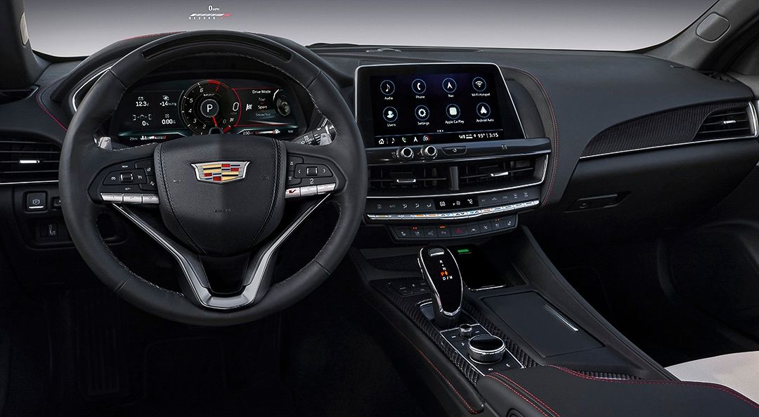 view of the steering wheel and dashboard of the 2021 Cadillac CT5-V