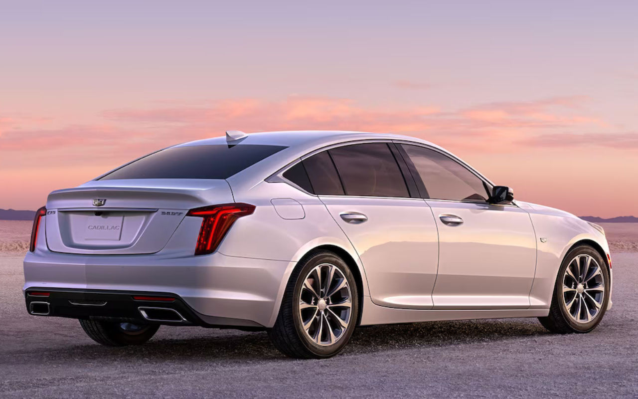 rear side view of a 2024 Cadillac CT5 in the desert