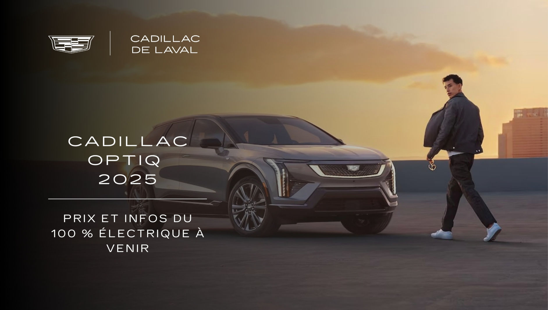 Vue 3/4 avant du Cadillac Optiq stationné en haut d'un immeuble.