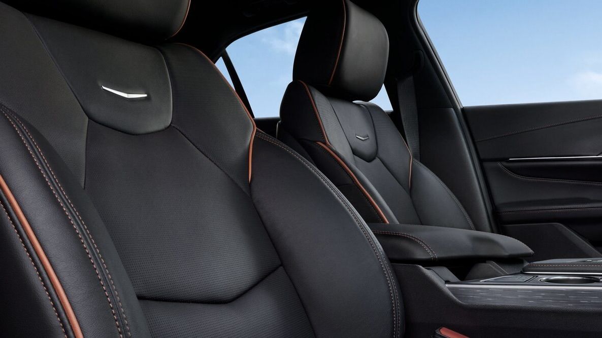 Close-up view of the leather and stitching on the seats of the Cadillac CT4.