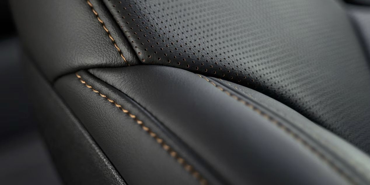 Close-up of the leather and stitching on the seats of the Cadillac CT5.