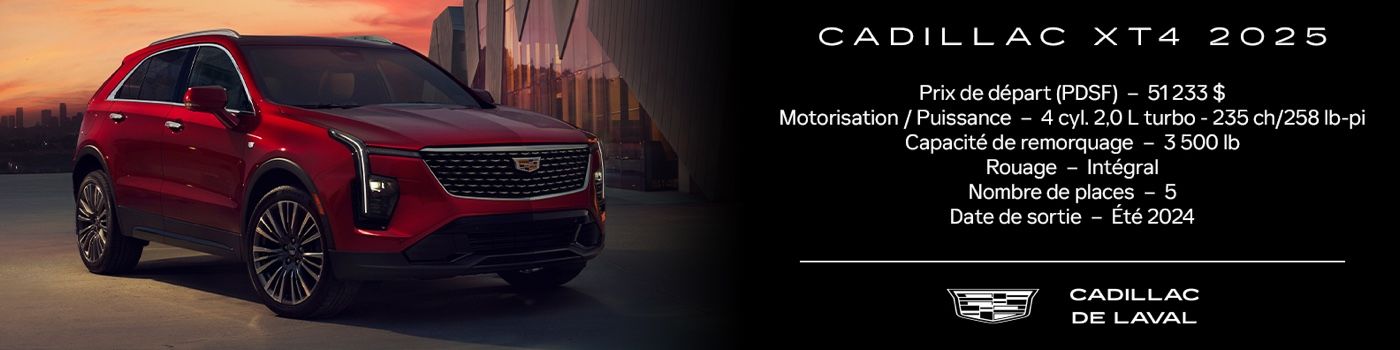 Vue 3/4 avant du Cadillac XT4 2025 ainsi que sa fiche technique en détail.