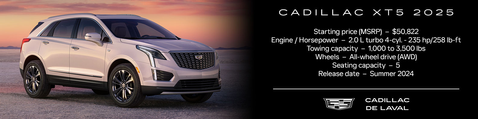 3/4 front view of the 2025 Cadillac XT5 and its technical specifications in detail.