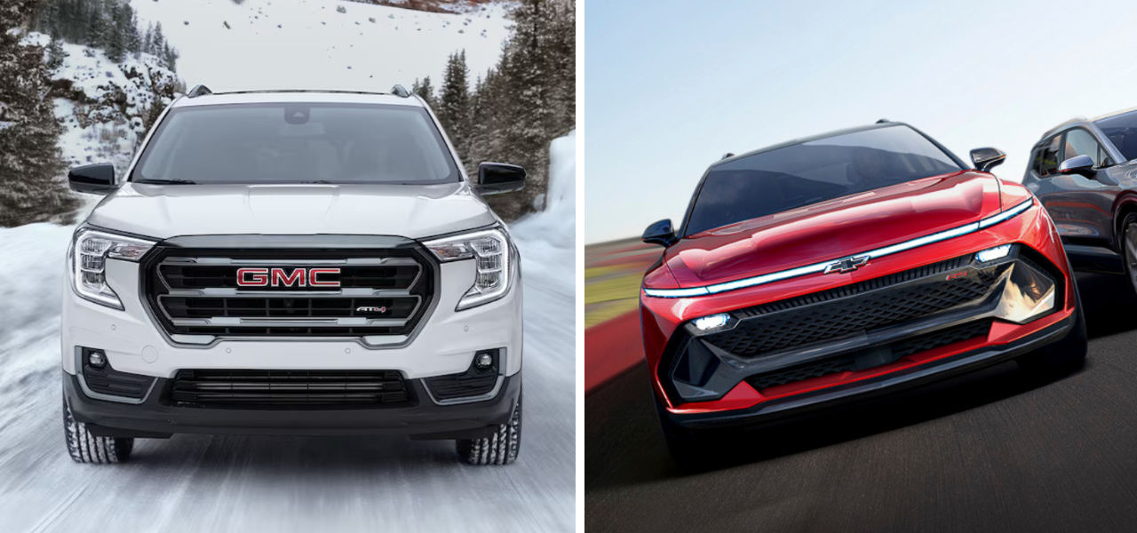 vue côte à côte d'un GMC Terrain et Chevrolet Equinox 2024