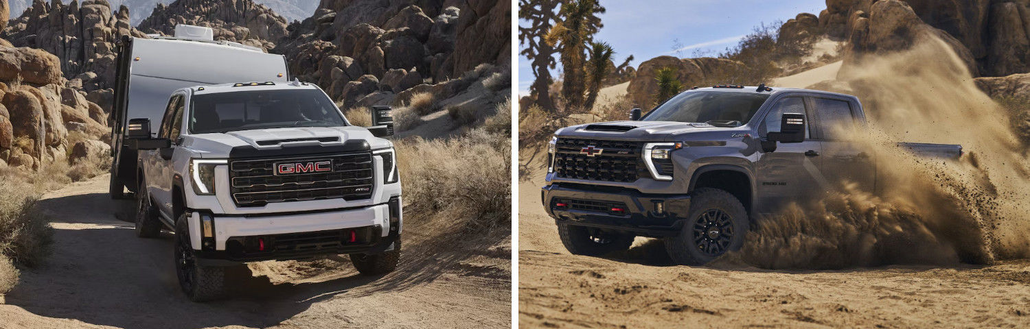 vue côte à côte d'un Chevrolet Silverado 2500 et GMC Sierra 2500 2024