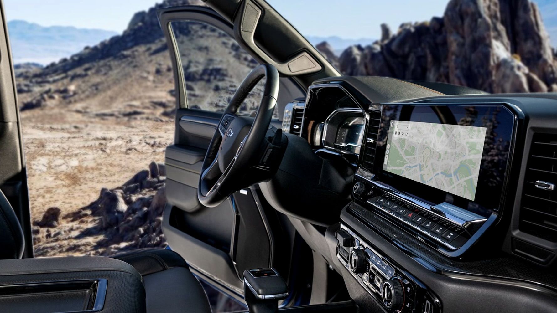 Close-up view of the front console of the Chevrolet Silverado 2025.