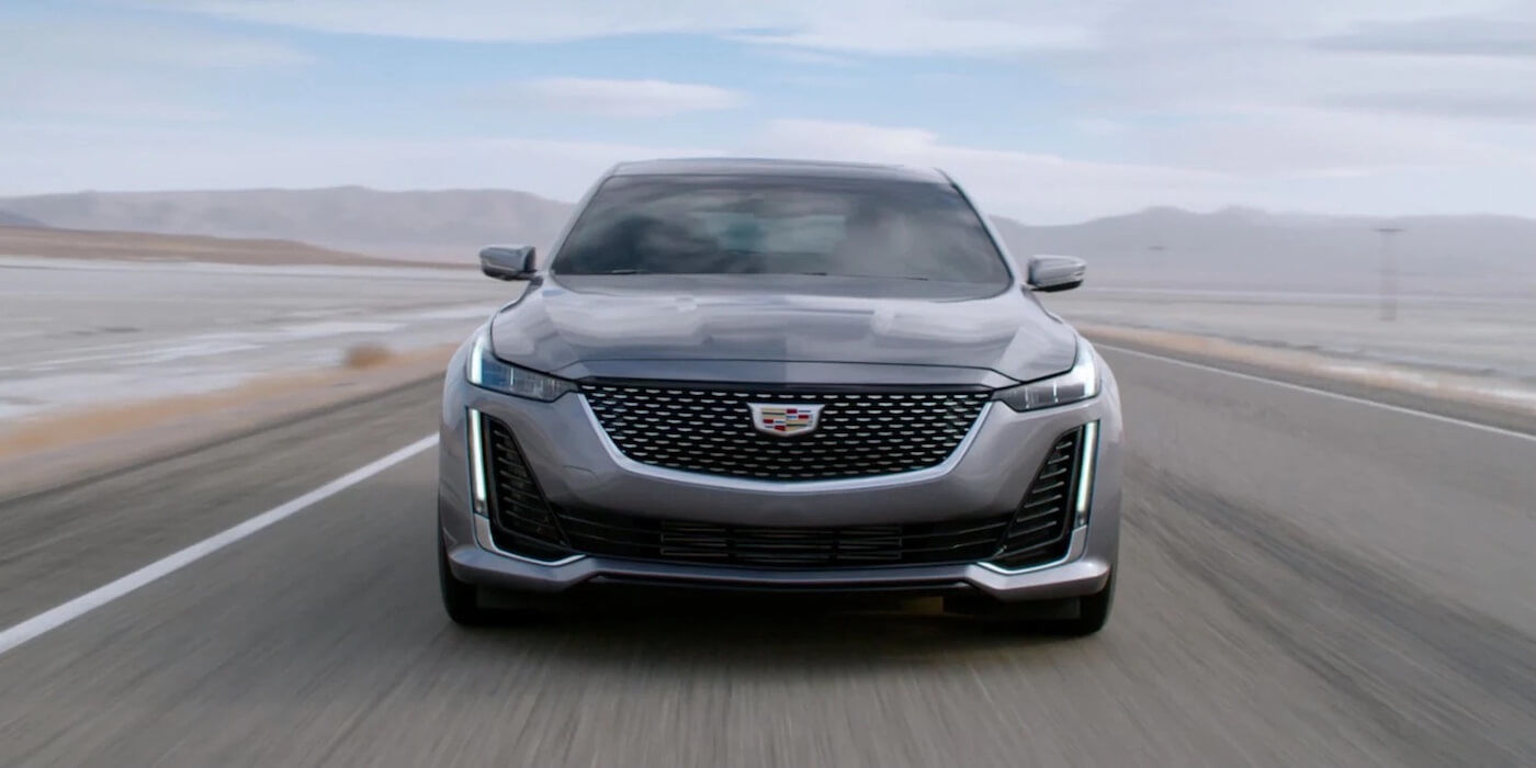 Front view of the 2021 Cadillac CT5 on the highway