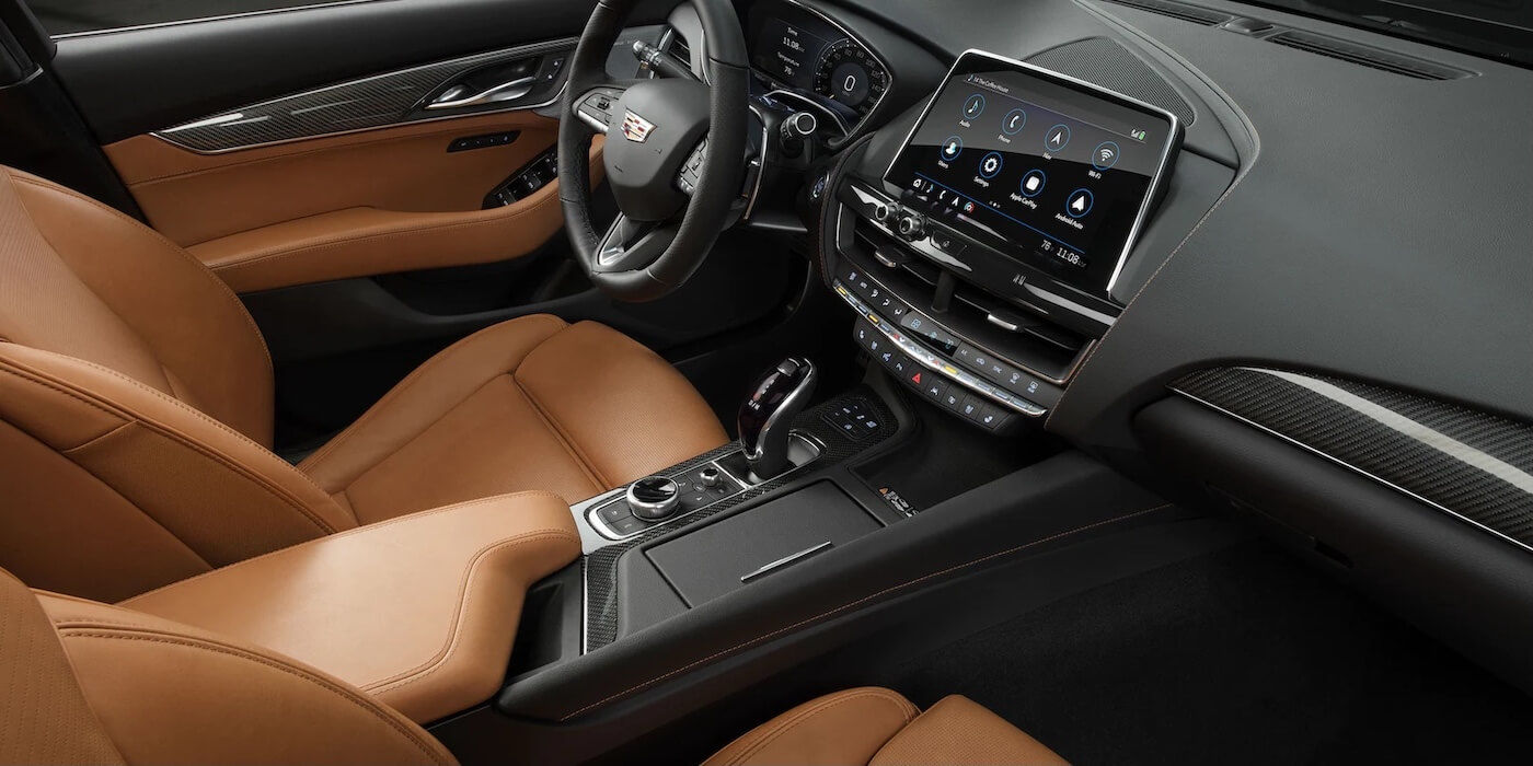 Front cockpit of the 2021 Cadillac CT5 including its leather seats