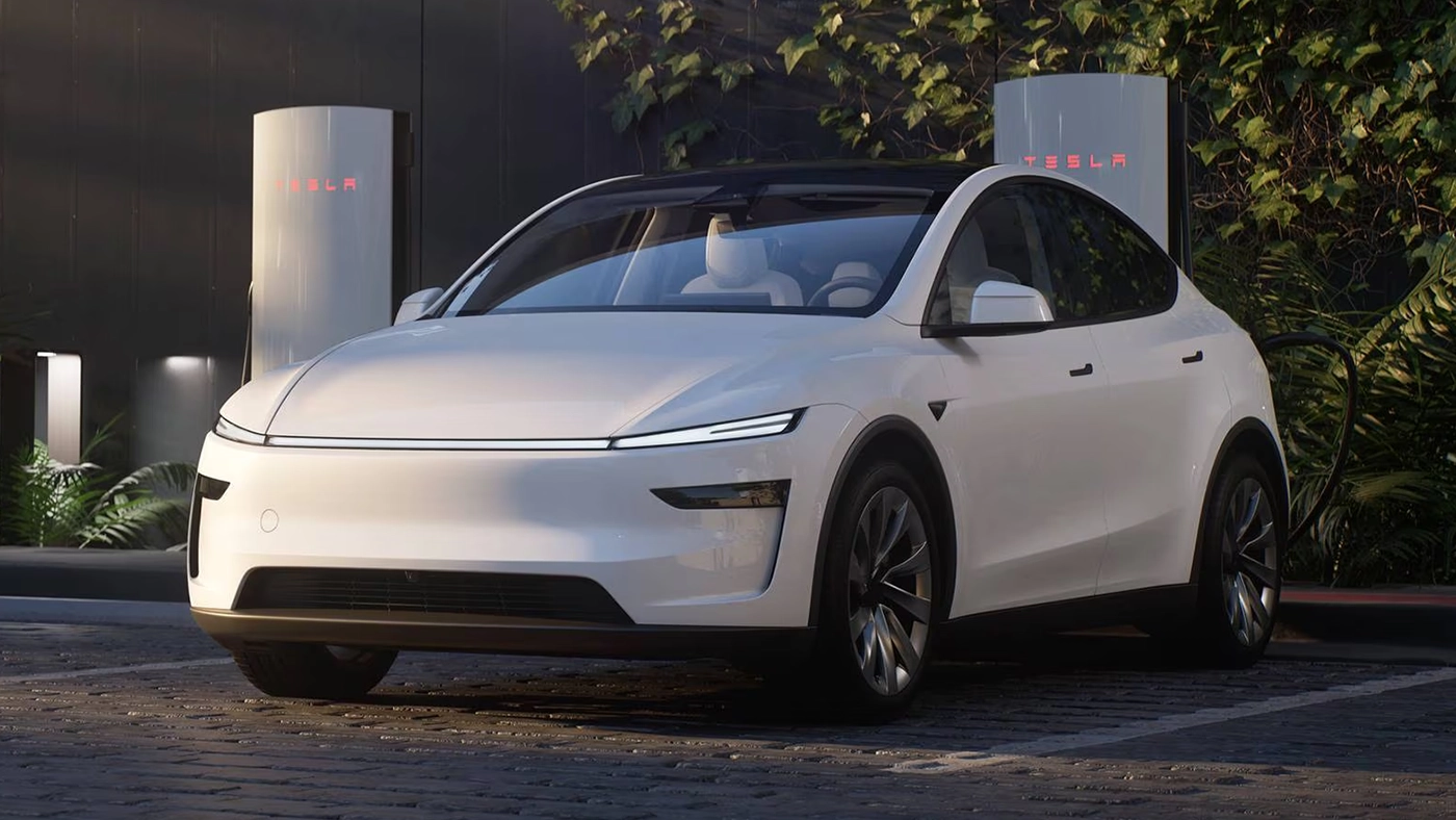 3/4 front and side view of the 2026 Tesla Model Y while charging