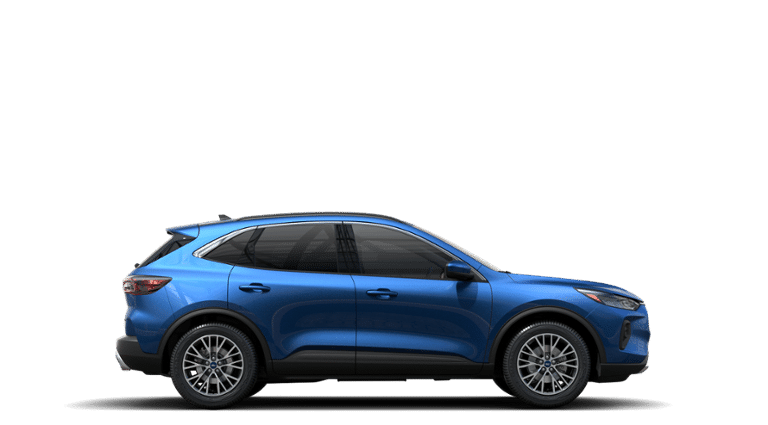 Vue latérale du Ford Escape hybride rechargeable 2023 bleu.
