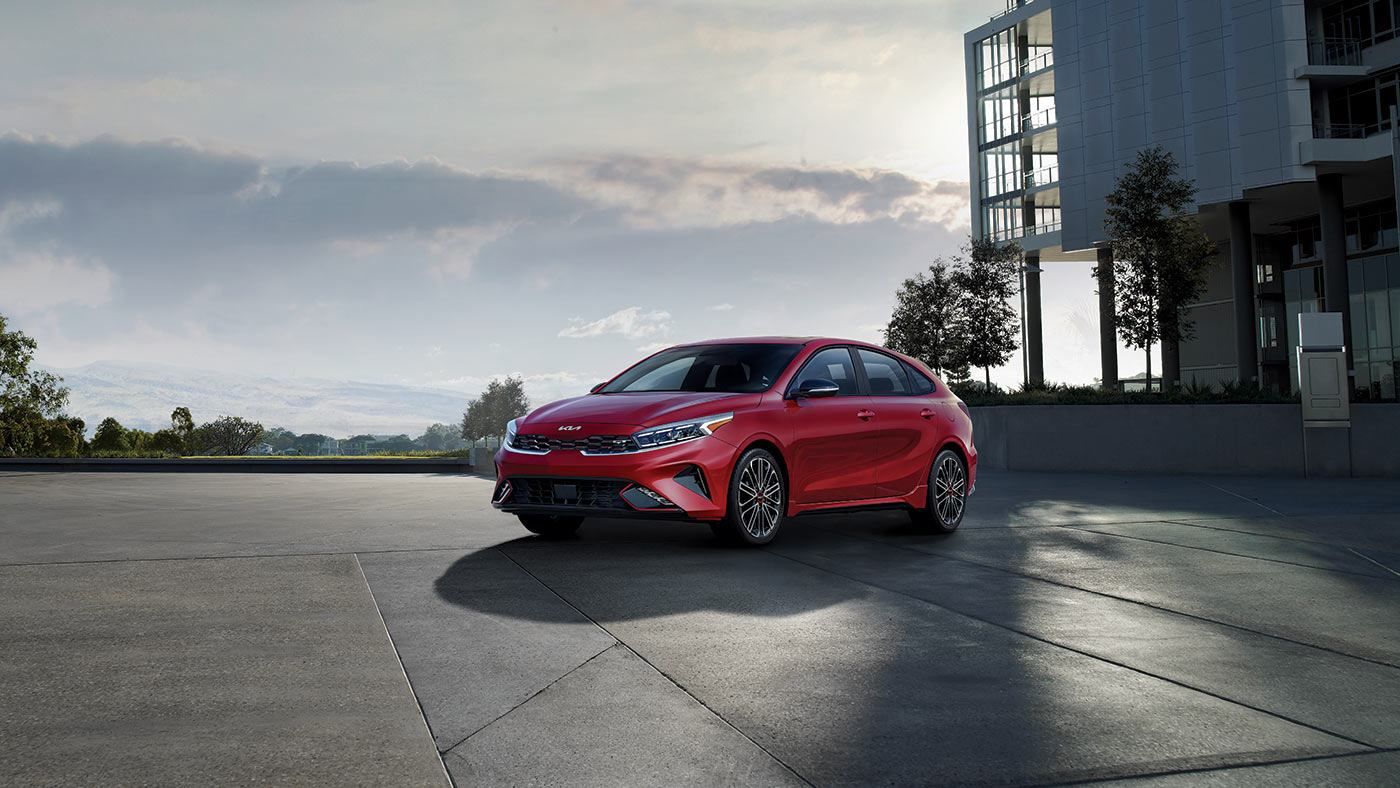 Front 3/4 view of the 2023 Kia Forte5 compact exterior.