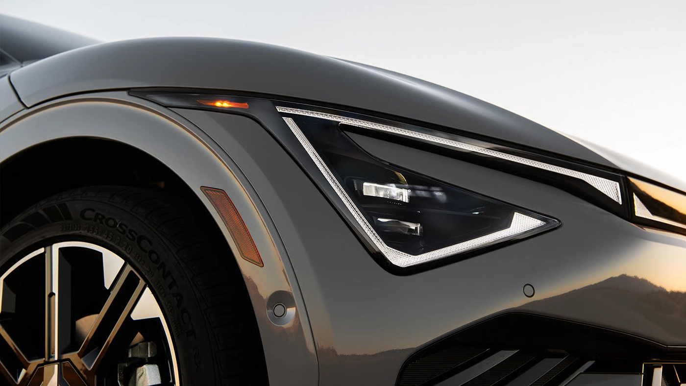 Close-up view of the front end and headlight of the 2026 Kia EV6