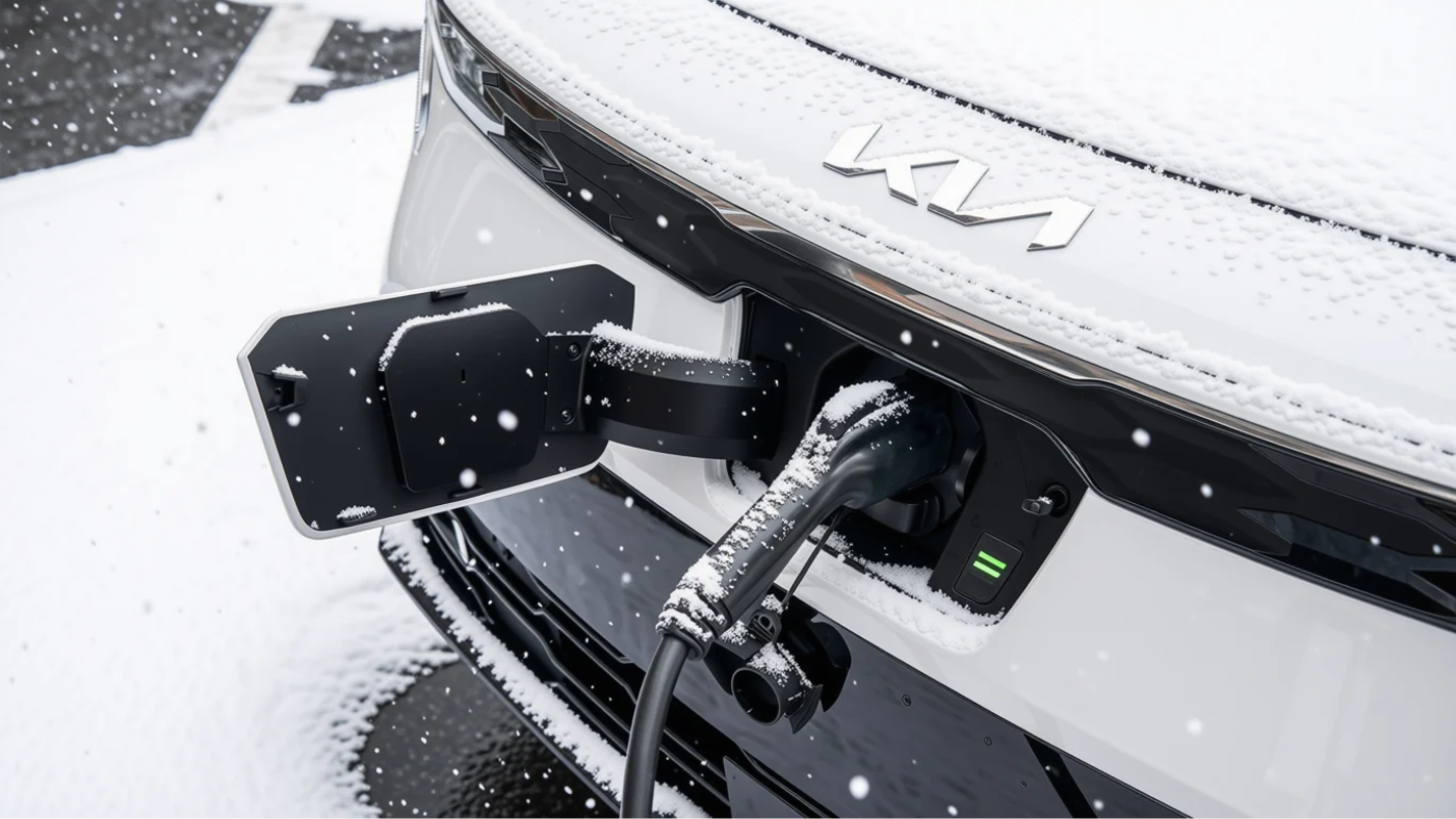Kia electric vehicle charging at a station in winter