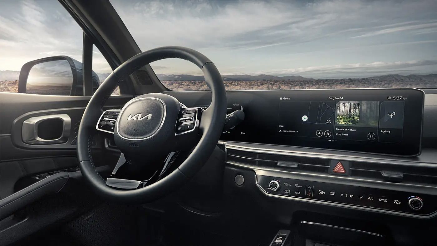 Great view of the Kia Sorento hybrid's dashboard and technology.