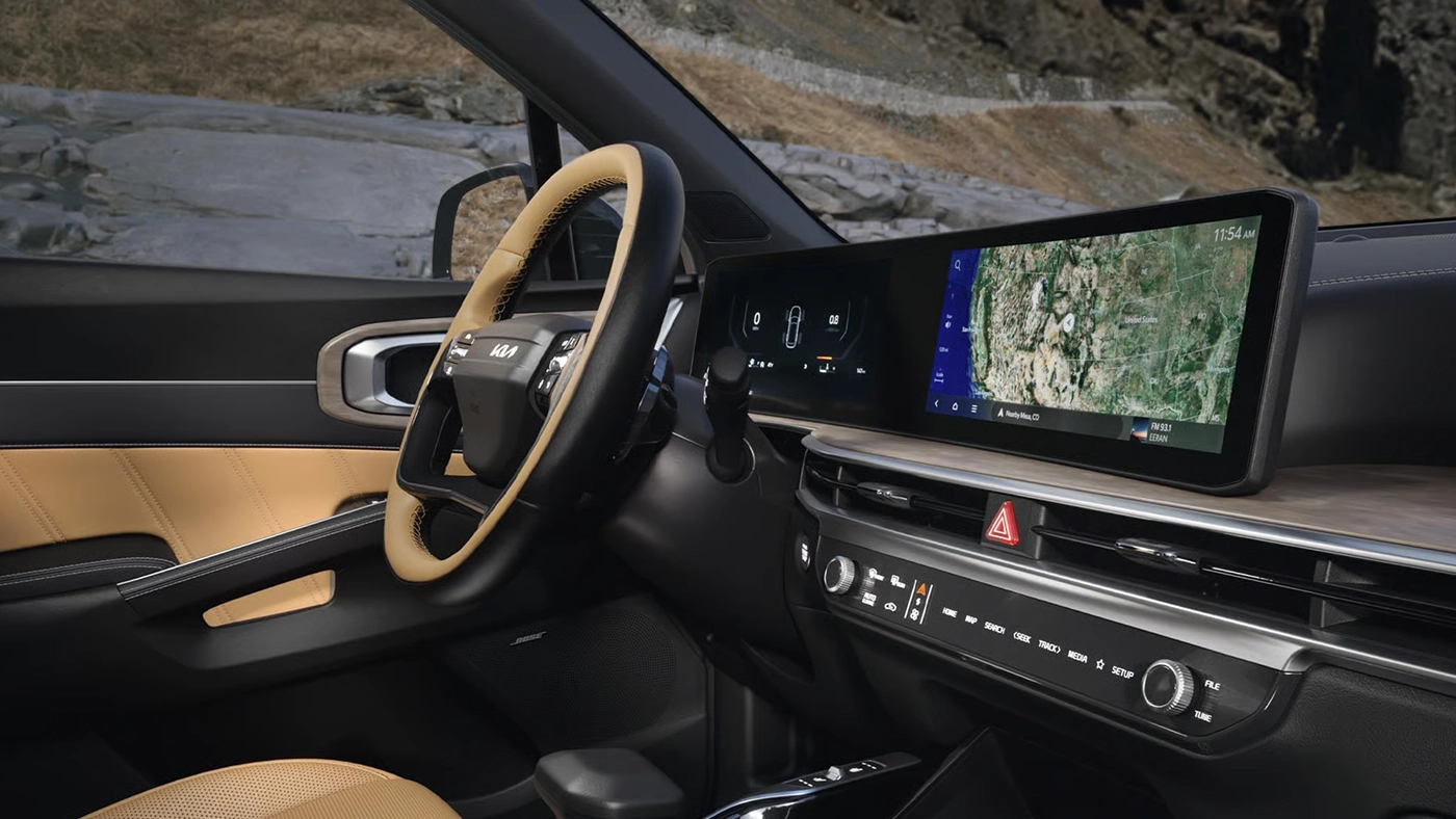 Vue de l'int&eacute;rieur du Kia Sorento 2026 et de son tableau de bord