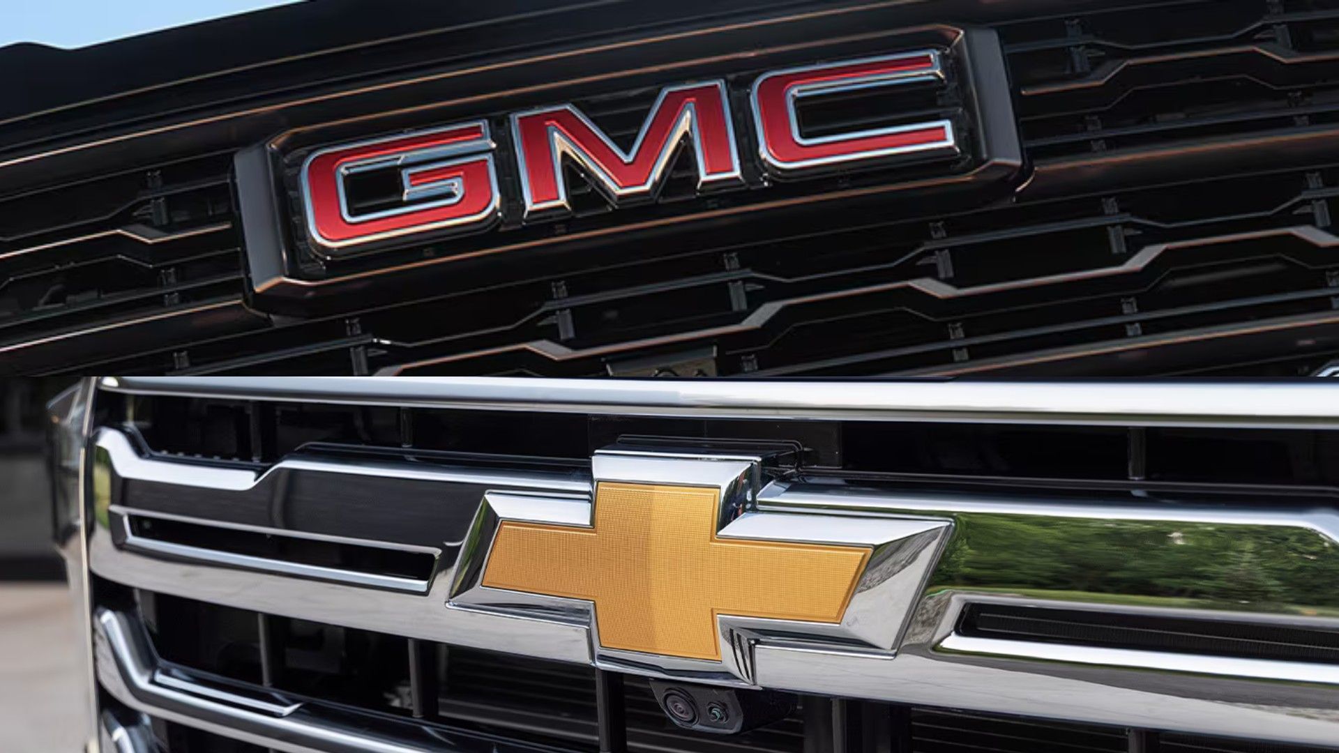 Montage photo avec les logos de Chevrolet et de GMC des calandres avant.