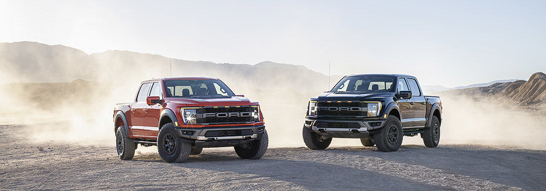 Deux camions Ford F-150 Raptor rouge et noir garés sur une terre de sable dans un désert