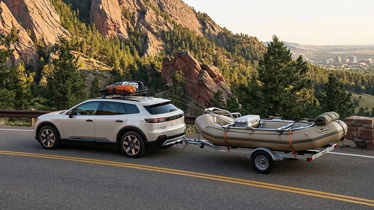 Vue arri&egrave;re du Honda Prologue 2026 tirant un bateau