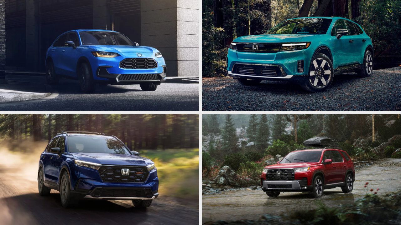 Gamme de VUS Honda incluant le HR-V, le CR-V et le Pilot stationnés en extérieur