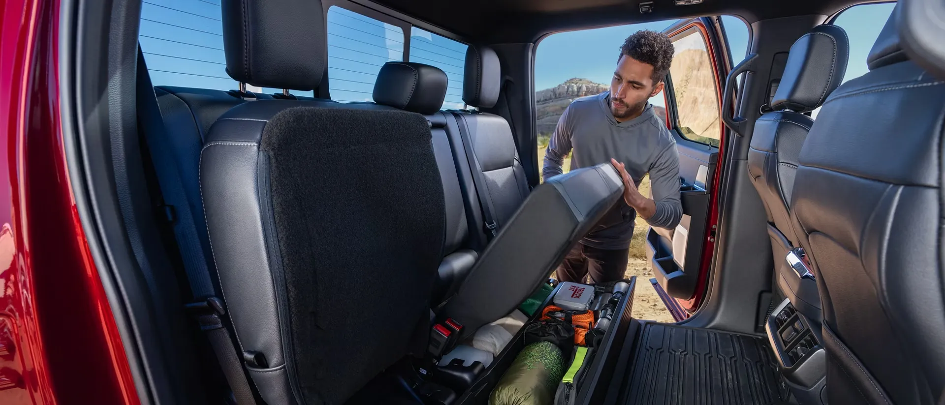 Folding rear seat and interior storage in the Ford F-150.