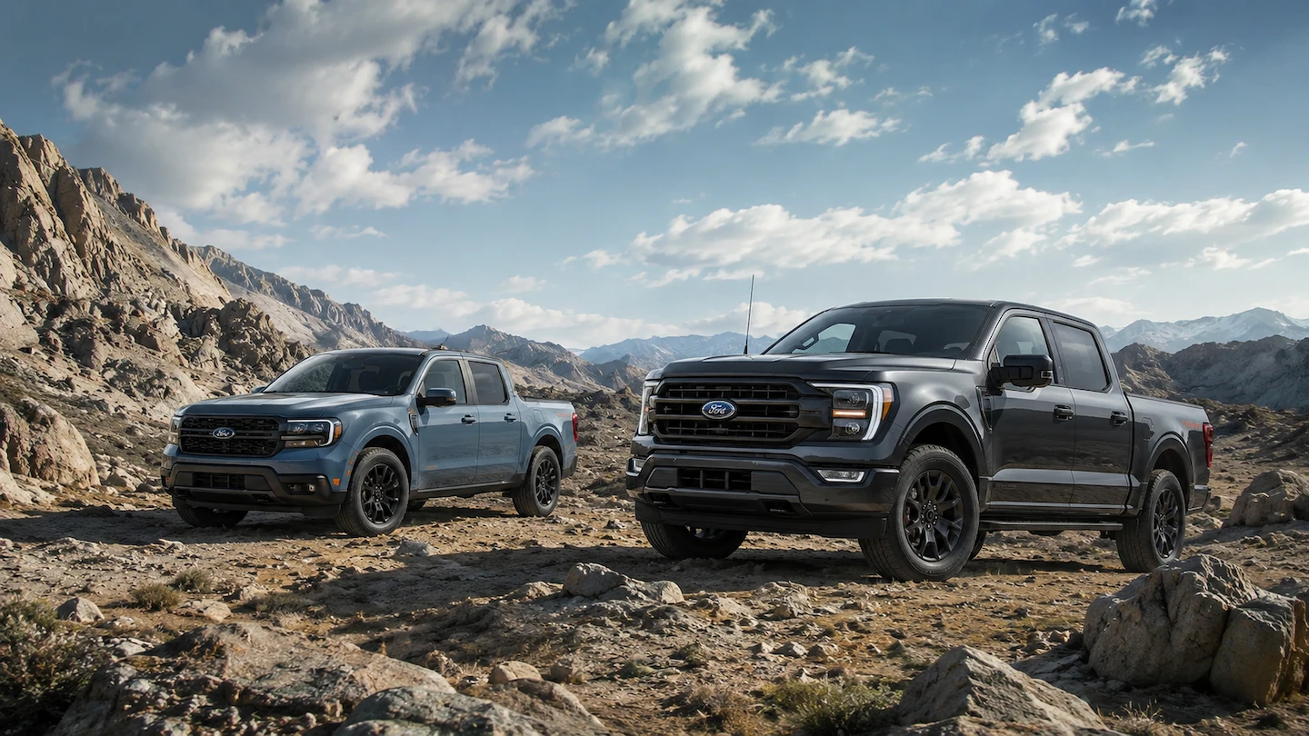 2026 Ford Maverick and Ford F-150 in a mountain landscape.