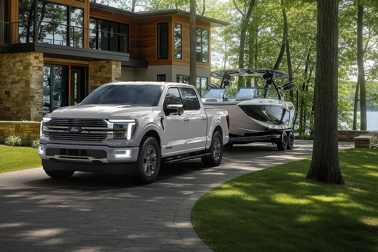 Grey 2026 Ford F-150 towing a boat in front of a residence.
