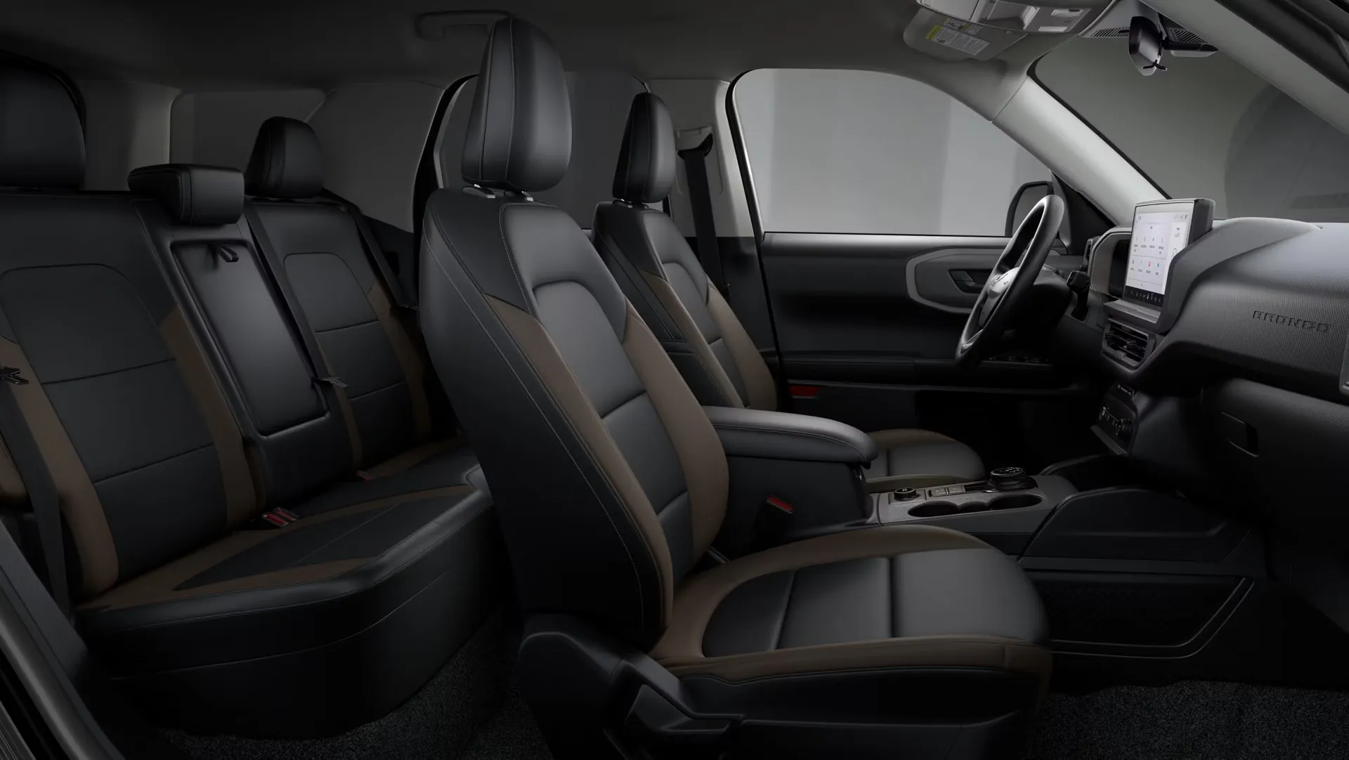 Spacious cabin of the 2026 Ford Bronco Sport with leather seats.