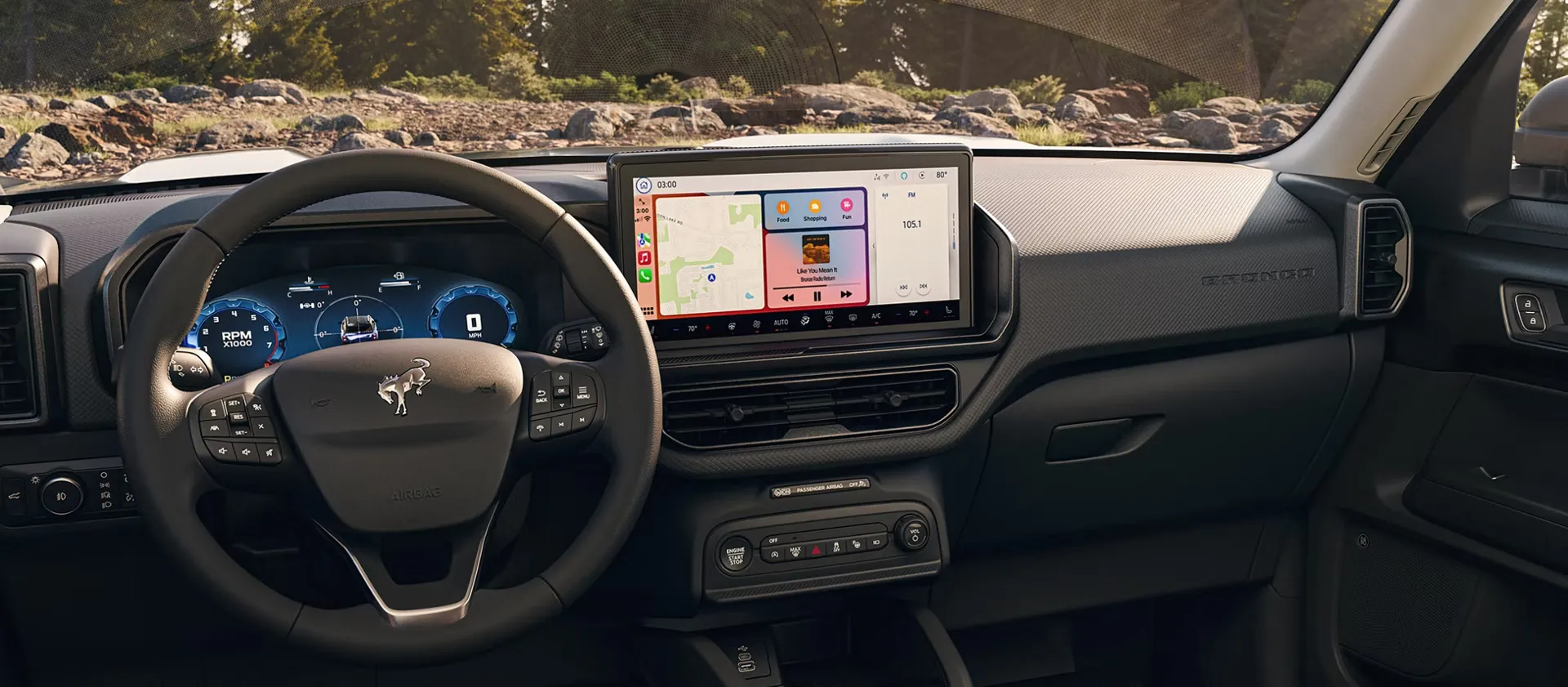 Dashboard of the 2026 Ford Bronco Sport with central touch screen.
