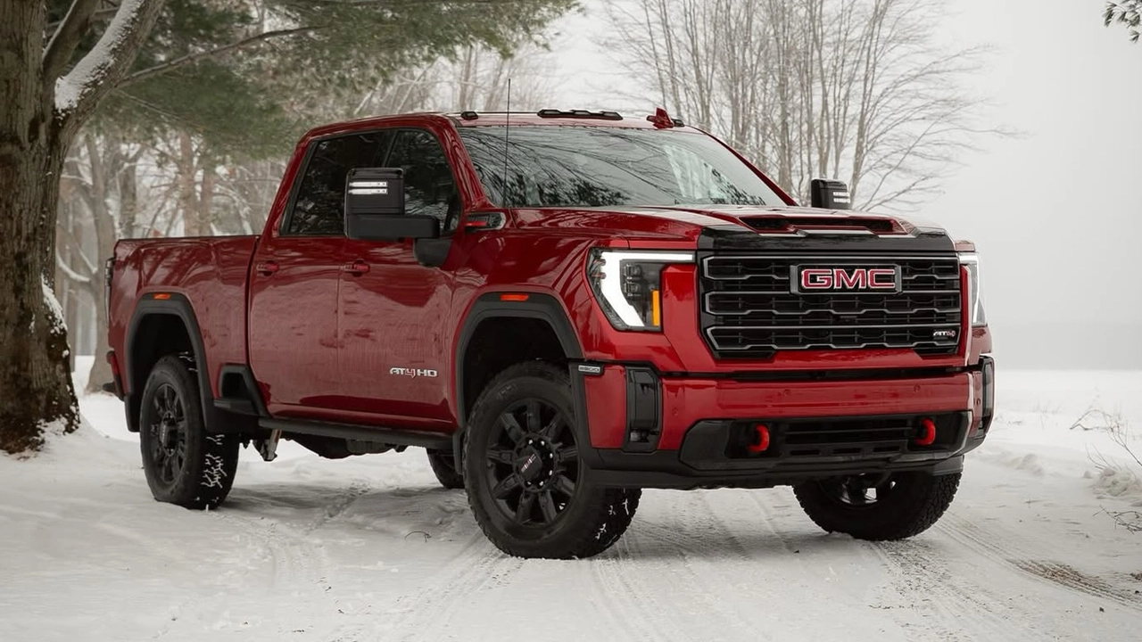 GMC Sierra 2026 rouge, pos&eacute; sur un chemin enneig&eacute;, comme s'il attendait juste une temp&ecirc;te de plus.