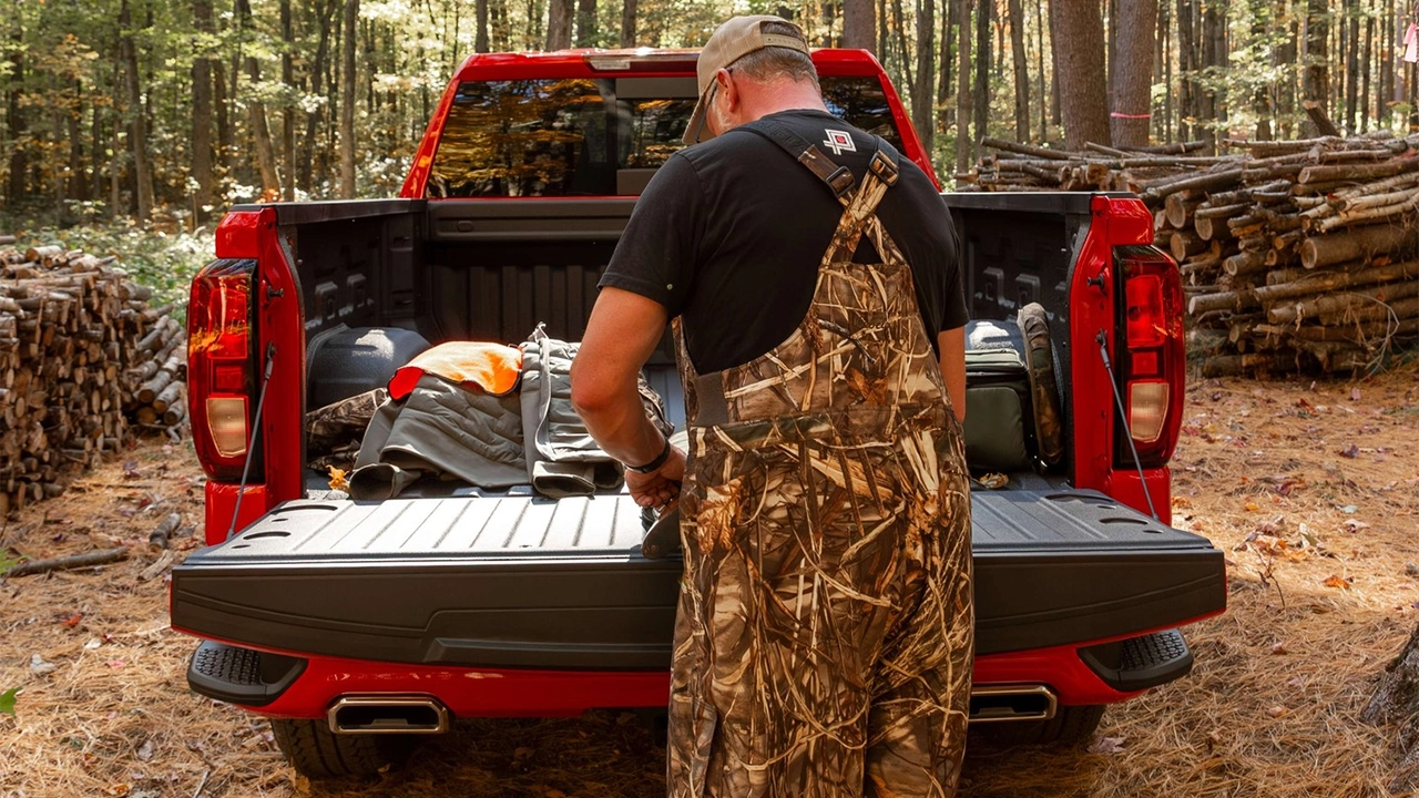 Chevrolet Silverado 2026 en pleine for&ecirc;t d'automne, bo&icirc;te ouverte, &eacute;quipement de chasse sorti.