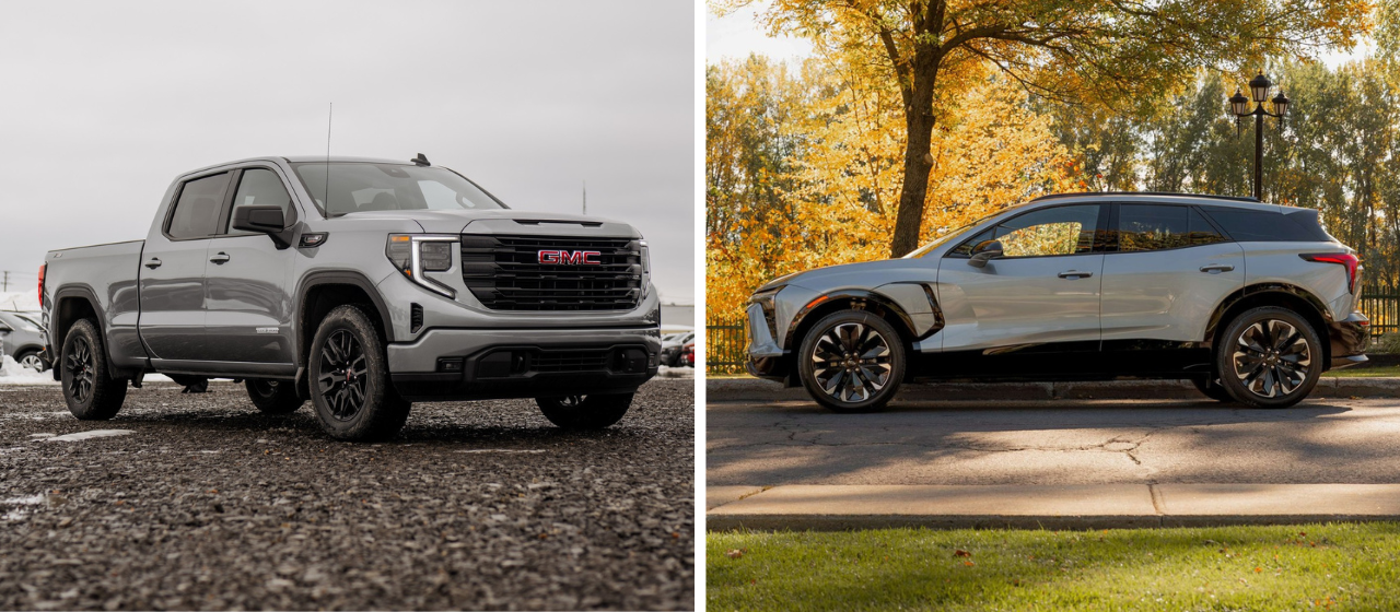 On the left, a GMC Sierra—a rugged truck ideal for towing and heavy-duty work. On the right, a Chevrolet Blazer EV—a modern, stylish SUV designed for everyday comfort.