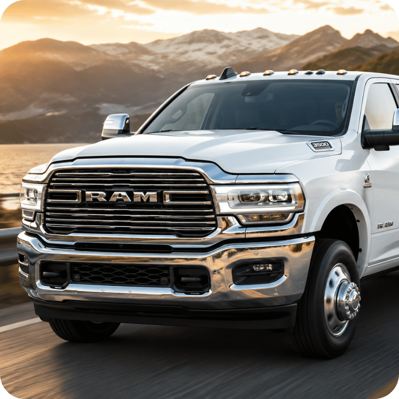 Ram 3500 blanc devant des montagnes.