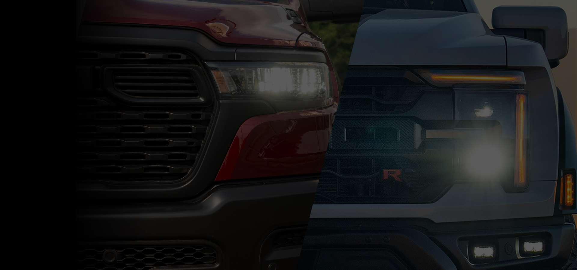 Close-up of the headlight and front grille of a red 2026 RAM 1500.