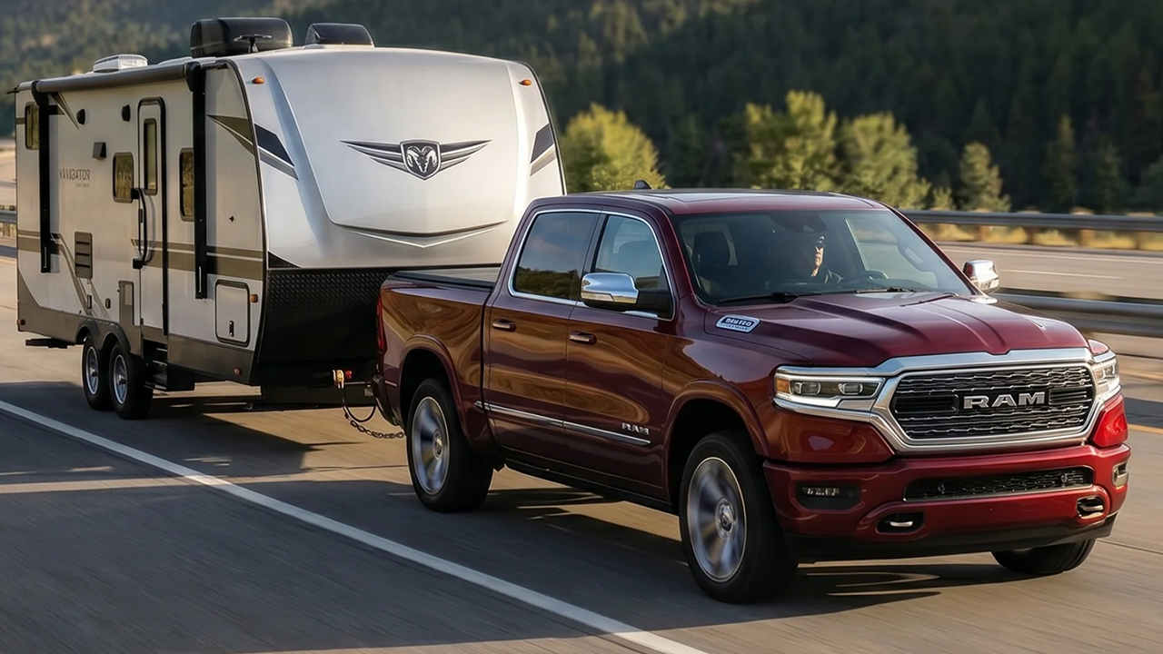 Pick-up Ram rouge tirant une caravane sur autoroute, forêt en arrière-plan.