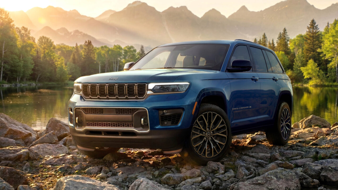 3/4 front and side view of the 2027 Jeep Grand Cherokee Overland on a rock near a lake