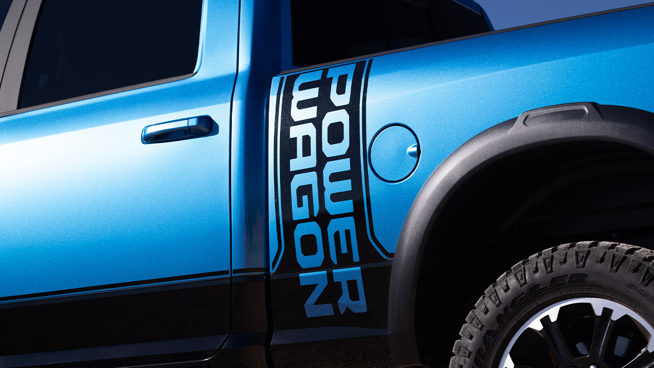 2027 Blue Ram Power Wagon, close-up of the door with the POWER WAGON logo