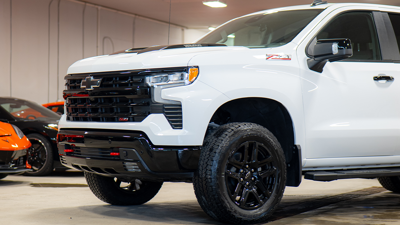 3/4 front and side view of a 2026 Chevrolet Silverado in the Paillé dealership's garage