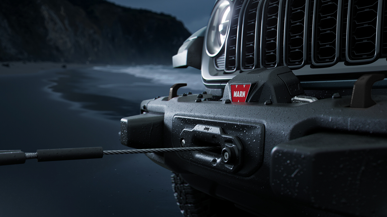 Close-up view of the front of the 2026 Jeep Gladiator with its towing equipment
