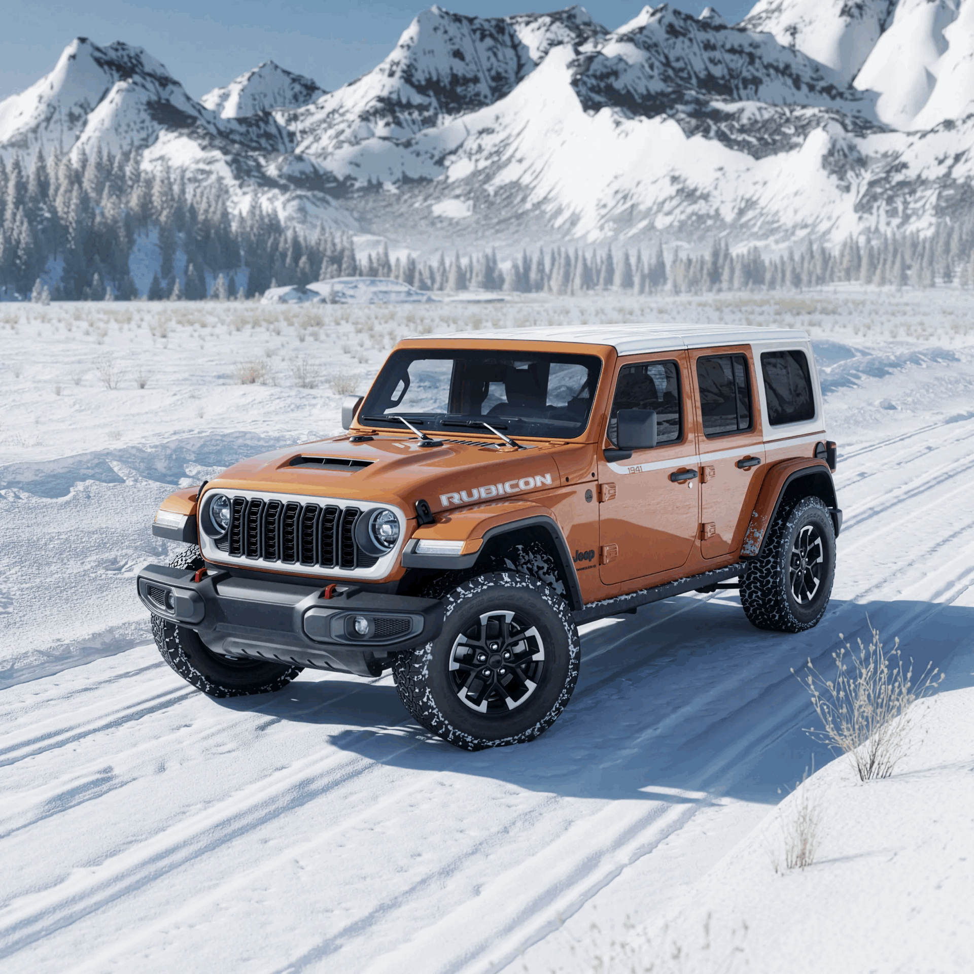 Orange Jeep Wrangler on a snowy trail in front of snow-covered mountains.